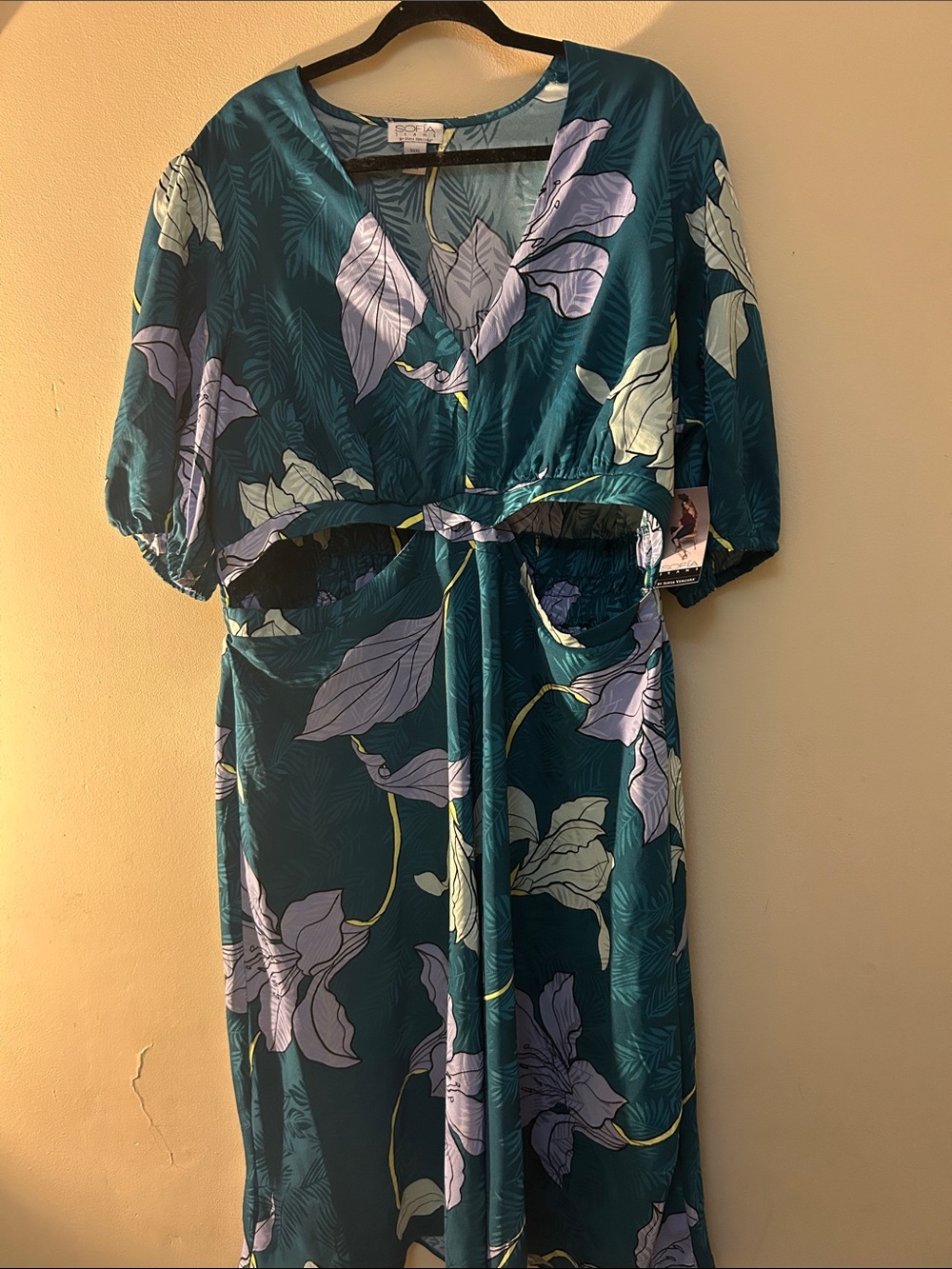 Teal Floral V-Neck Cutout Midi Dress